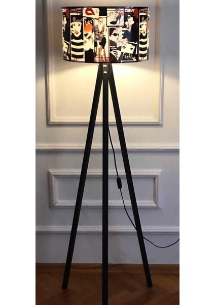 Ahşap Üçlü Ayak Modern Tripod Lambader, Silindir Başlık  21LM046-RENKLİ