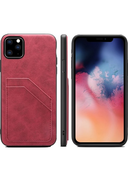 Iphone 11 Pro Max Red Için Kart Yuvaları Pu+Tpu Kılıfı