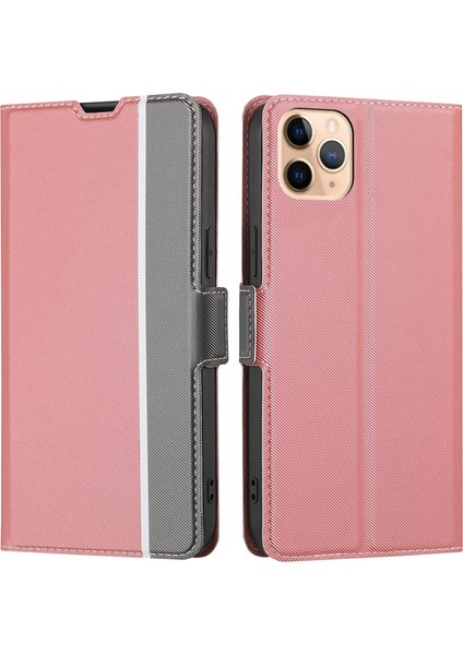 Iphone 11 Pro Maks Pembe Için Twill Doku Deri Kılıf