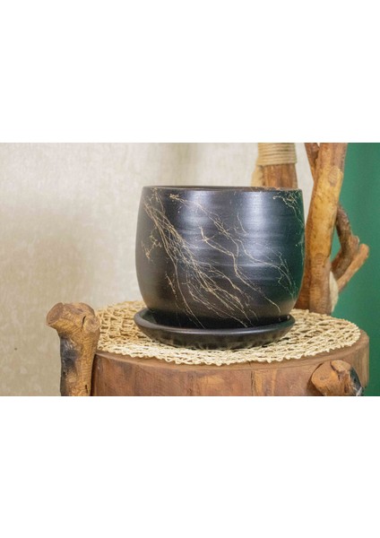 Ev Dekorasyon Siyah Üzeri Gold Tabaklı Terracota Toprak Saksı Saksılık Salon Çiçeklik 19 CM