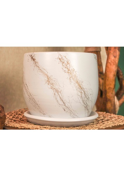 Ev Dekorasyon Beyaz Üzeri Gold Tabaklı Terracota Toprak Saksı Saksılık Salon Çiçeklik 19 CM