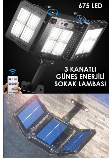 675LEDLI Solar Bahçe Aydınlatması Projektör Sokak Lambası Hareket Sensörlü Güneş Enerjili