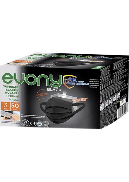 Siyah Black Elastik Kulaklı Maske 10'lu Paket x 5 --50 Adet