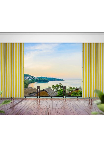 Sarı Beyaz Çizgili 250X200 cm Balkon Perdesi, Balkon Çadır Brandası, Balkon Güneşlik