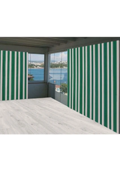 Yeşil Beyaz Çizgili 550X200 cm Balkon Perdesi, Balkon Çadır Brandası, Balkon Güneşlik