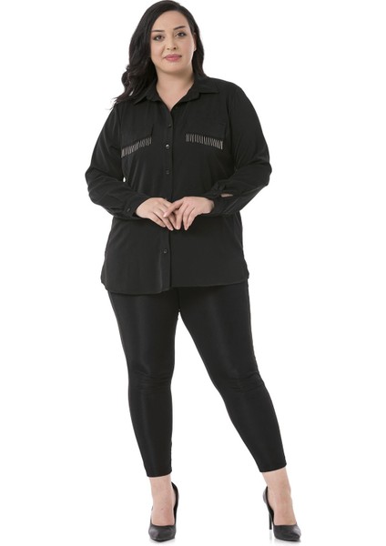 Büyük Beden Cepleri Zincir Detaylı Yanı Yırtmaçlı Siyah Gömlek fiyatları