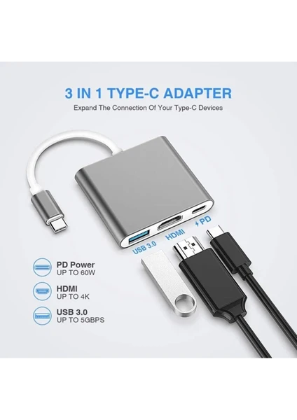 Macbook 3 In 1 Type-C To Hdmı USB 3.0 Çevirici Dönüştürücü Adaptör