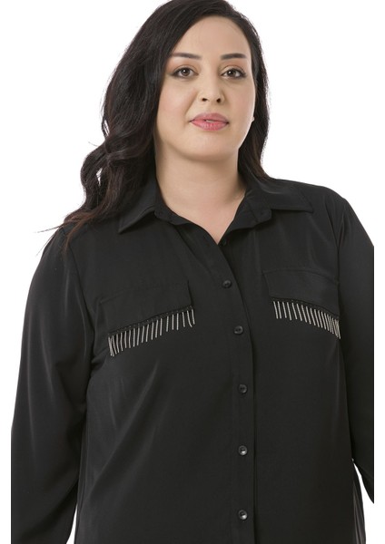 Büyük Beden Cepleri Zincir Detaylı Yanı Yırtmaçlı Siyah Gömlek indirimleri