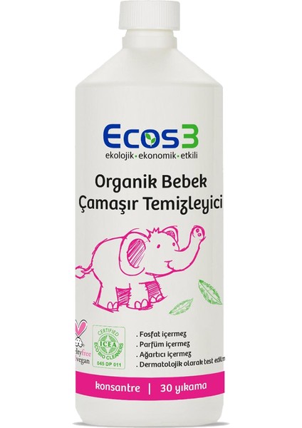 Bebek Çamaşır Deterjanı, Organik & Vegan Sertifikalı, Ekolojik, Kokusuz, Konsantre 30 Yıkama, 1050ml