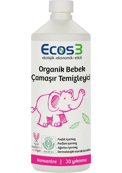 Bebek Çamaşır Deterjanı, Organik & Vegan Sertifikalı, Ekolojik, Kokusuz, Konsantre 30 Yıkama, 1050ml