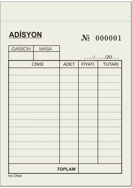 Adisyon Sipariş Fişi A6 Tek Nüsha 100 Cilt