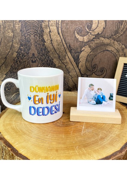 Dünyanın En Iyi Dedesi Tasarımlı Kupa ve Ahşap Fotoğraf Tutucu Set