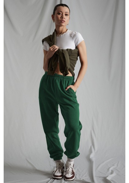 Kadın Koyu Yeşil Beli Lastikli Oversize Eşofman Altı MG1235
