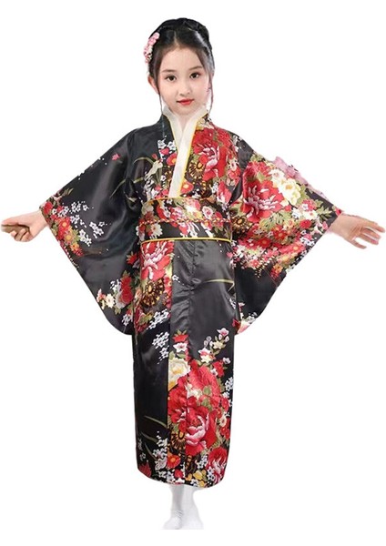 Kemerli Desenli Japon Tarzı Çocuk Kimono L - Siyah (Yurt Dışından)