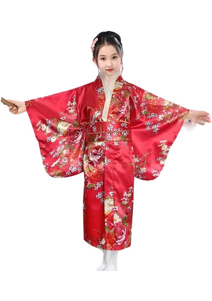 Kemerli Çiçek Desenli Japon Tarzı Çocuk Kimono Xl - Kırmızı (Yurt Dışından)