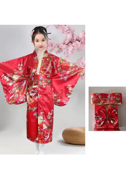 Kemerli Çiçek Desenli Japon Tarzı Çocuk Kimono Xl - Kırmızı (Yurt Dışından) modelleri