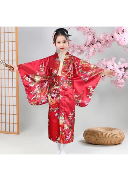 Kemerli Çiçek Desenli Japon Tarzı Çocuk Kimono Xl - Kırmızı (Yurt Dışından) fırsatları