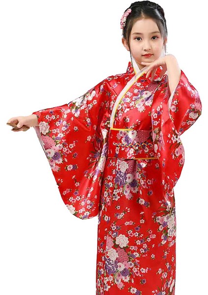 Kemerli Desenli Japon Tarzı Çocuk Kimono S - Kırmızı (Yurt Dışından)