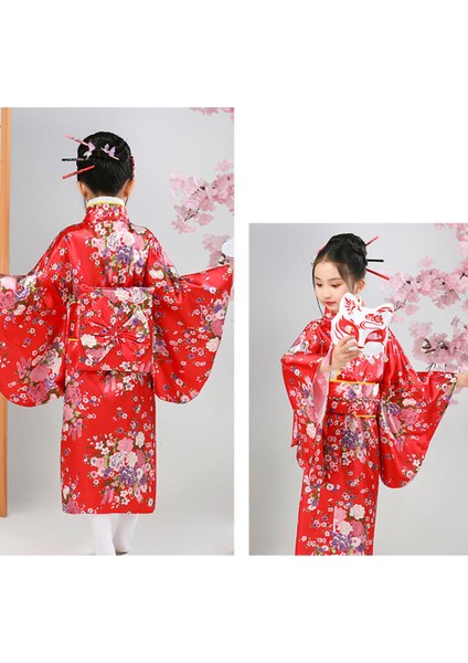 Kemerli Desenli Japon Tarzı Çocuk Kimono S - Kırmızı (Yurt Dışından)