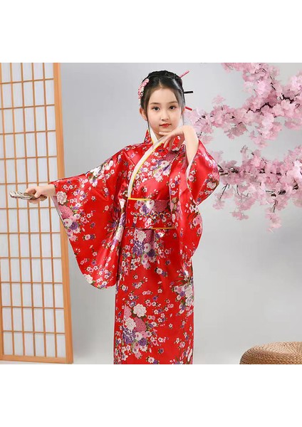 Kemerli Desenli Japon Tarzı Çocuk Kimono S - Kırmızı (Yurt Dışından)