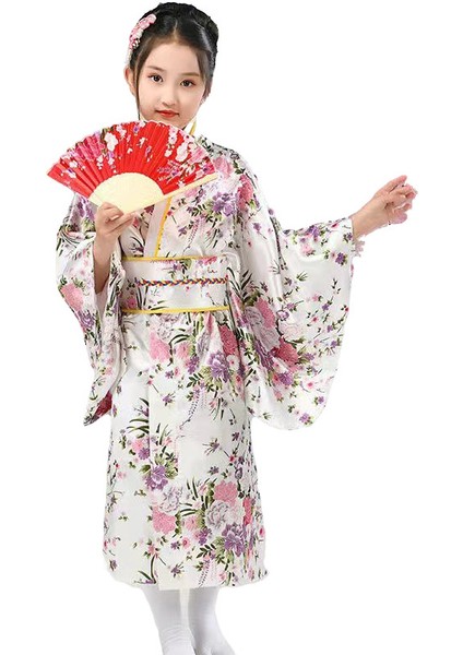 Kemerli Desenli Japon Tarzı Çocuk Kimono S - Beyaz (Yurt Dışından)