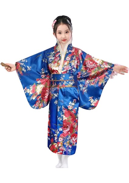 Kemerli Desenli Japon Tarzı Çocuk Kimono L - Mavi (Yurt Dışından)