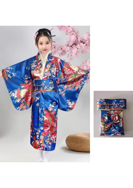 Kemerli Desenli Japon Tarzı Çocuk Kimono L - Mavi (Yurt Dışından)