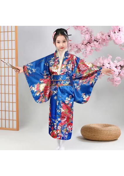 Kemerli Desenli Japon Tarzı Çocuk Kimono L - Mavi (Yurt Dışından)