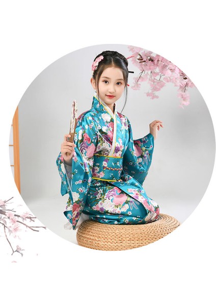 Kemerli Desenli Japon Tarzı Çocuk Kimono S - Mavi (Yurt Dışından)