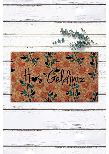 Çiçek Desenli Mavili Pembeli Hoş Geldiniz Yazılı Paspas