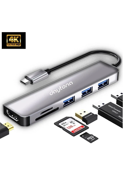 HC-13 Type-C To 3*usb 3.0 4K Ultra Hd HDMI Sd Tf Kart Girişli 6ın1 Çevirici Hub Adaptör