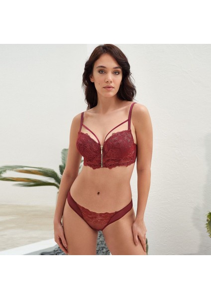 Kadın Balenli Destekli Dolgului Büstiyer Sütyen ve Slip Takım Anıl 4816 Bordo