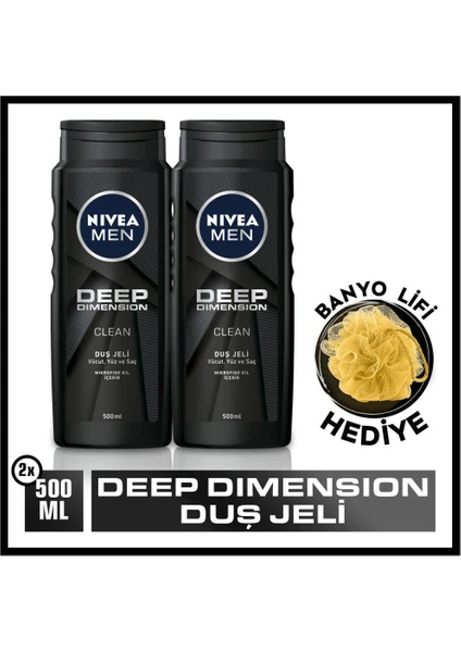 Men Deep Dimension Duş Jeli, Vücut,yüz ve Saç Şampuanı 2X500ML + Banyo Lifi