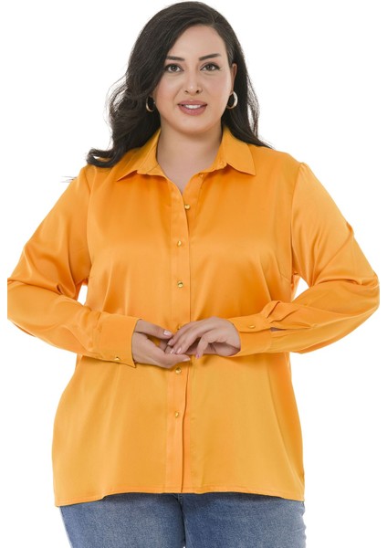 Büyük Beden Saten Dokulu Manşetli Hardal Gömlek