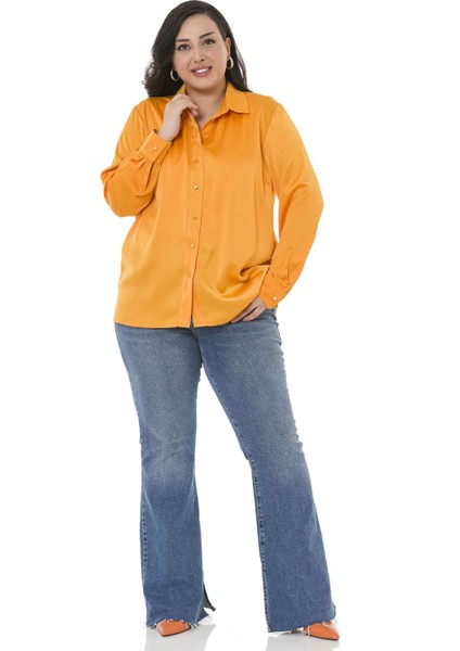 Büyük Beden Saten Dokulu Manşetli Hardal Gömlek fiyatları