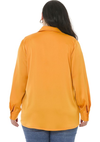Büyük Beden Saten Dokulu Manşetli Hardal Gömlek modelleri