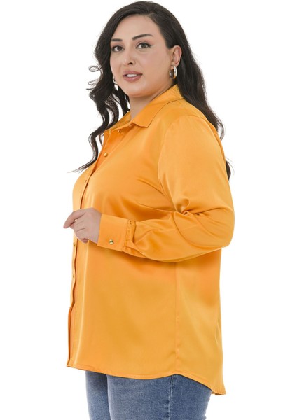 Büyük Beden Saten Dokulu Manşetli Hardal Gömlek fırsatları