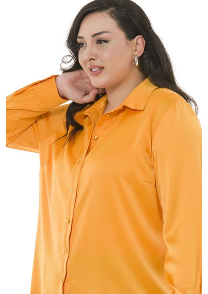 Büyük Beden Saten Dokulu Manşetli Hardal Gömlek indirimleri