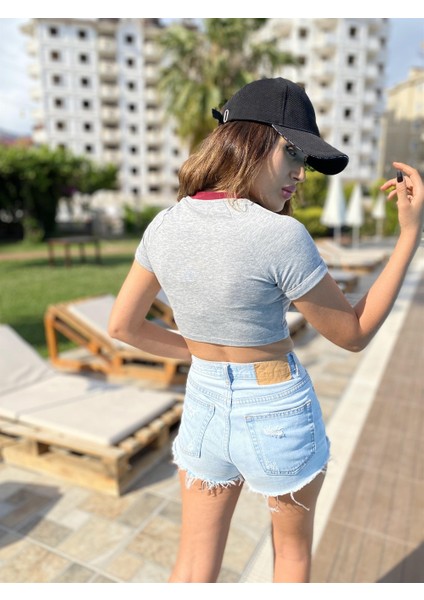 Corea Newyork Baskı Nakış Işleme Detaylı Crop T-Shirt