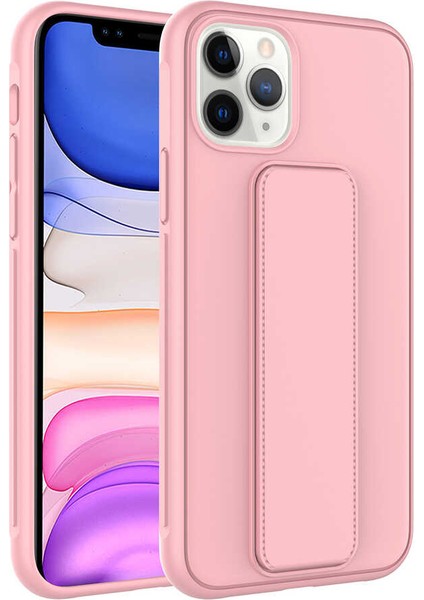 - Apple iPhone 11 Pro Max - Kılıf Mat Koruyucu El Tutacaklı Stand Olabilen Qstand Kapak - Pembe