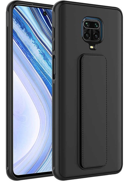 - Xiaomi Redmi Note 9 Pro - Kılıf Mat Koruyucu El Tutacaklı Stand Olabilen Qstand Kapak - Siyah