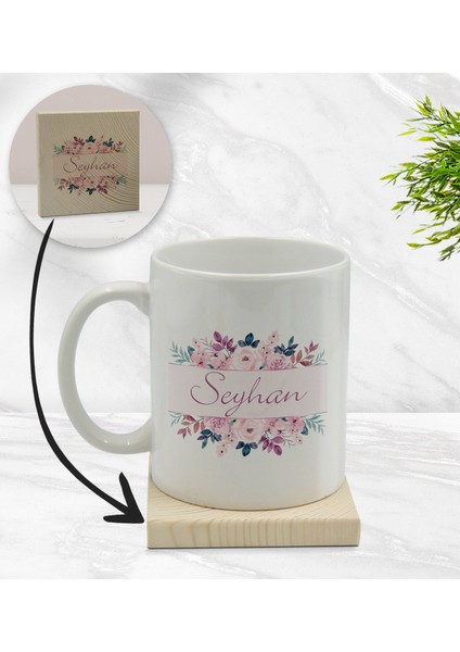 Gift Kişiye Özel Çiçek Tasarımlı Beyaz Kupa Bardak ve Ahşap Bardak Altlığı Hediye Seti - Model 22