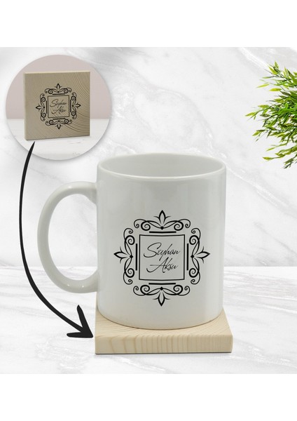 Gift Kişiye Özel Isimli Beyaz Kupa Bardak ve Ahşap Bardak Altlığı Hediye Seti - Model 1