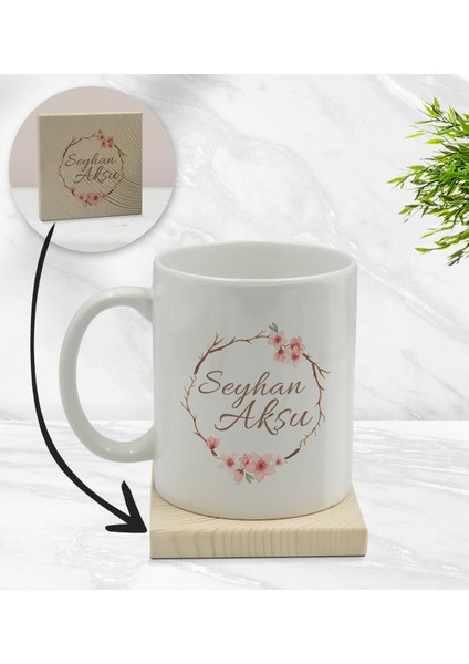Gift Kişiye Özel Çiçek Tasarımlı Beyaz Kupa Bardak ve Ahşap Bardak Altlığı Hediye Seti - Model 5
