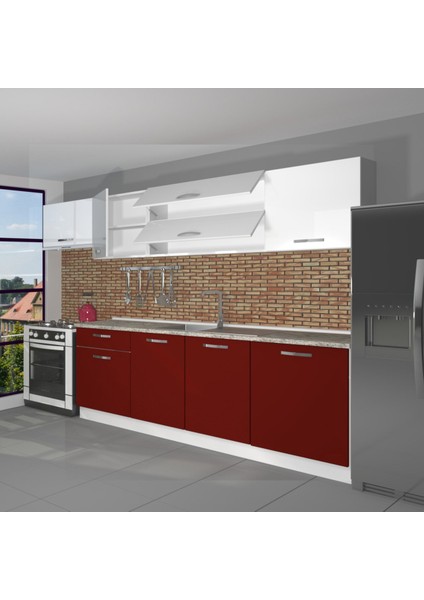 Ekol 280 MDF Hazır Mutfak Dolabı - Tezgah Dahil - Bordo - Beyaz