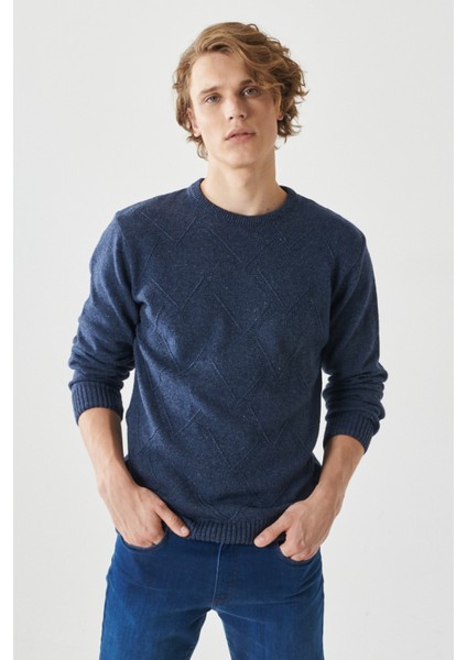 Erkek Havacı Mavi Standart Fit Normal Kesim Bisiklet Yaka Jakarlı Triko Kazak