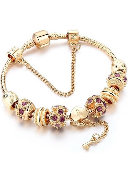 Model Kilitli Kalp Figürlü Taşlı Charm 20CM Bayan Bileklik-Gold