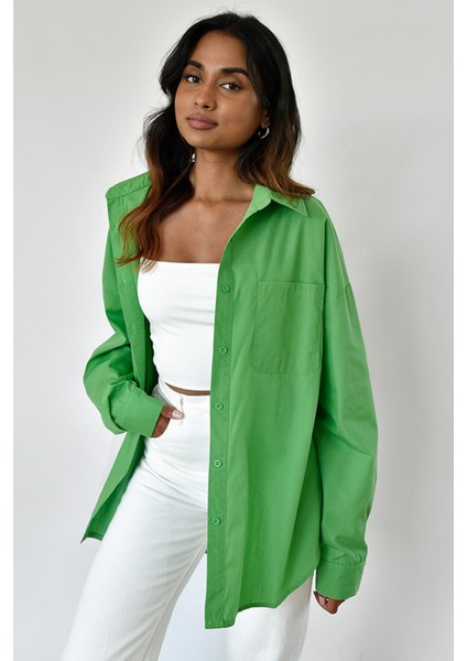 Yeşil Oversize Basic Cepli Poplin Gömlek MG1530