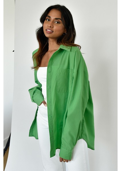 Yeşil Oversize Basic Cepli Poplin Gömlek MG1530