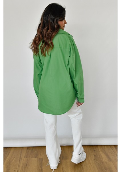 Yeşil Oversize Basic Cepli Poplin Gömlek MG1530